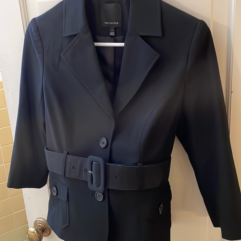 Belted safari inspired black plain weave jacket
